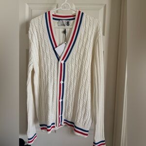 Vintage 70s style Med. StripedCable Knit Cardigan Sweater cream from Italy-Lrg